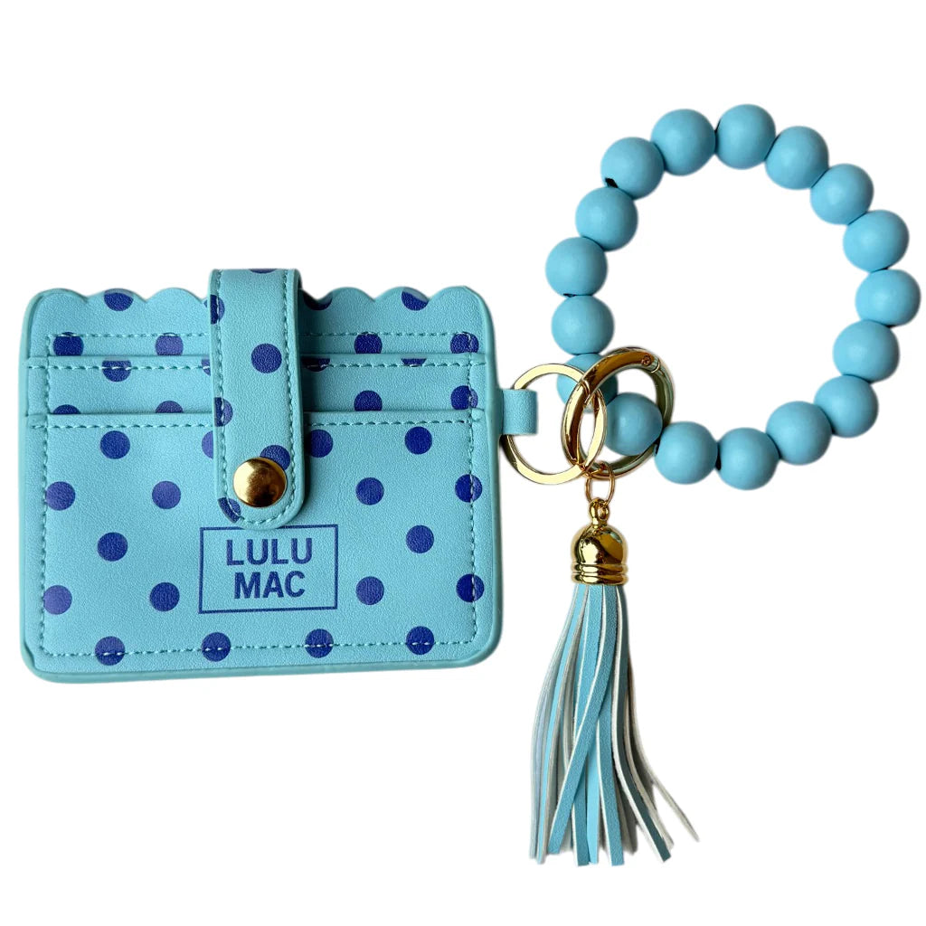 BEADED WRISTLET ID WALLET BLUE/NAVY DOT
