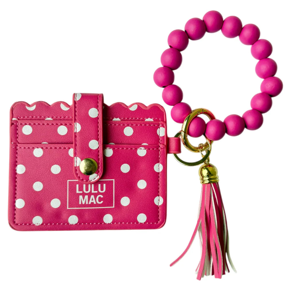 BEADED WRISTLET ID WALLET HOT PINK/WHITE DOT
