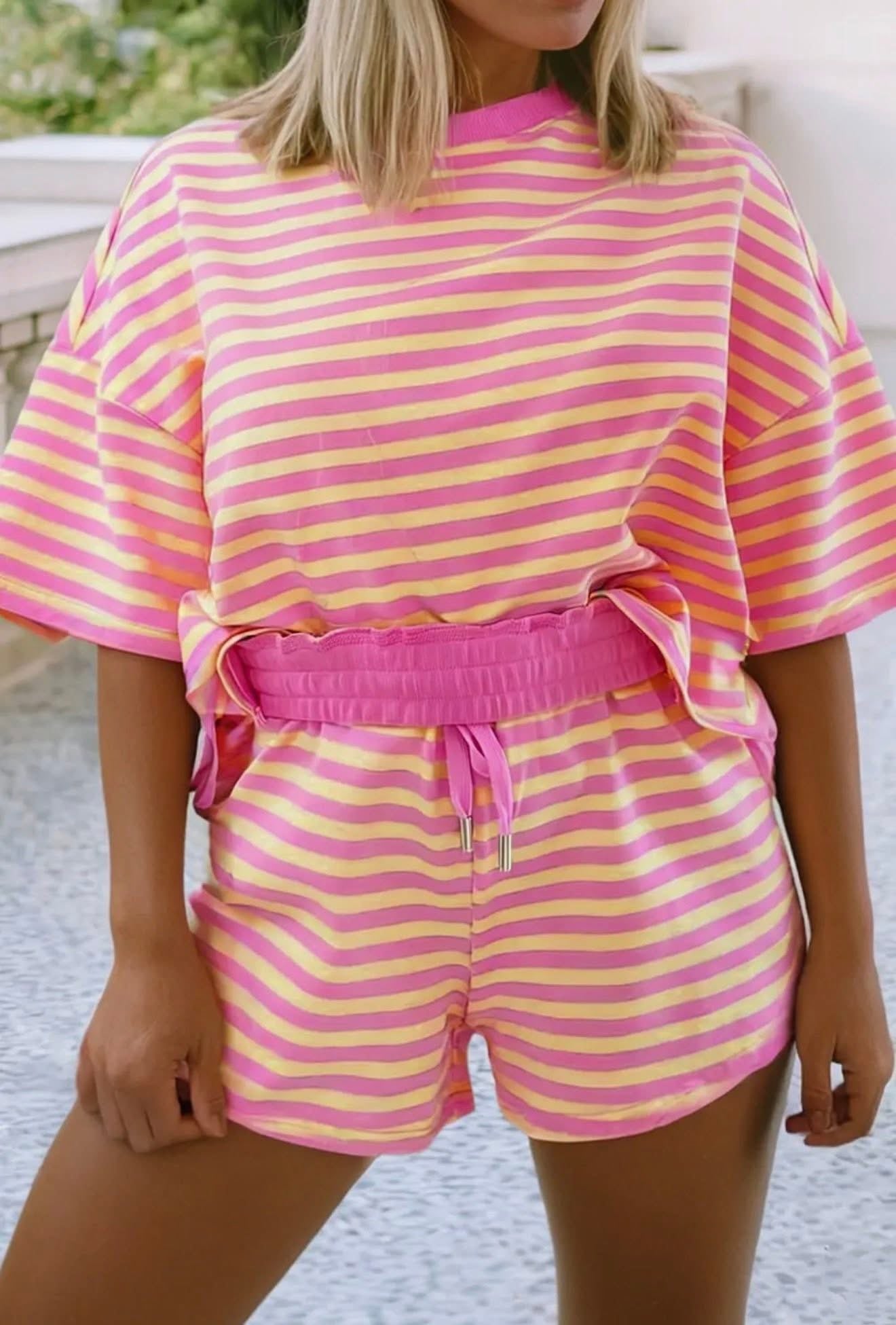 Plus Size Striped Boxy Tee Short Set