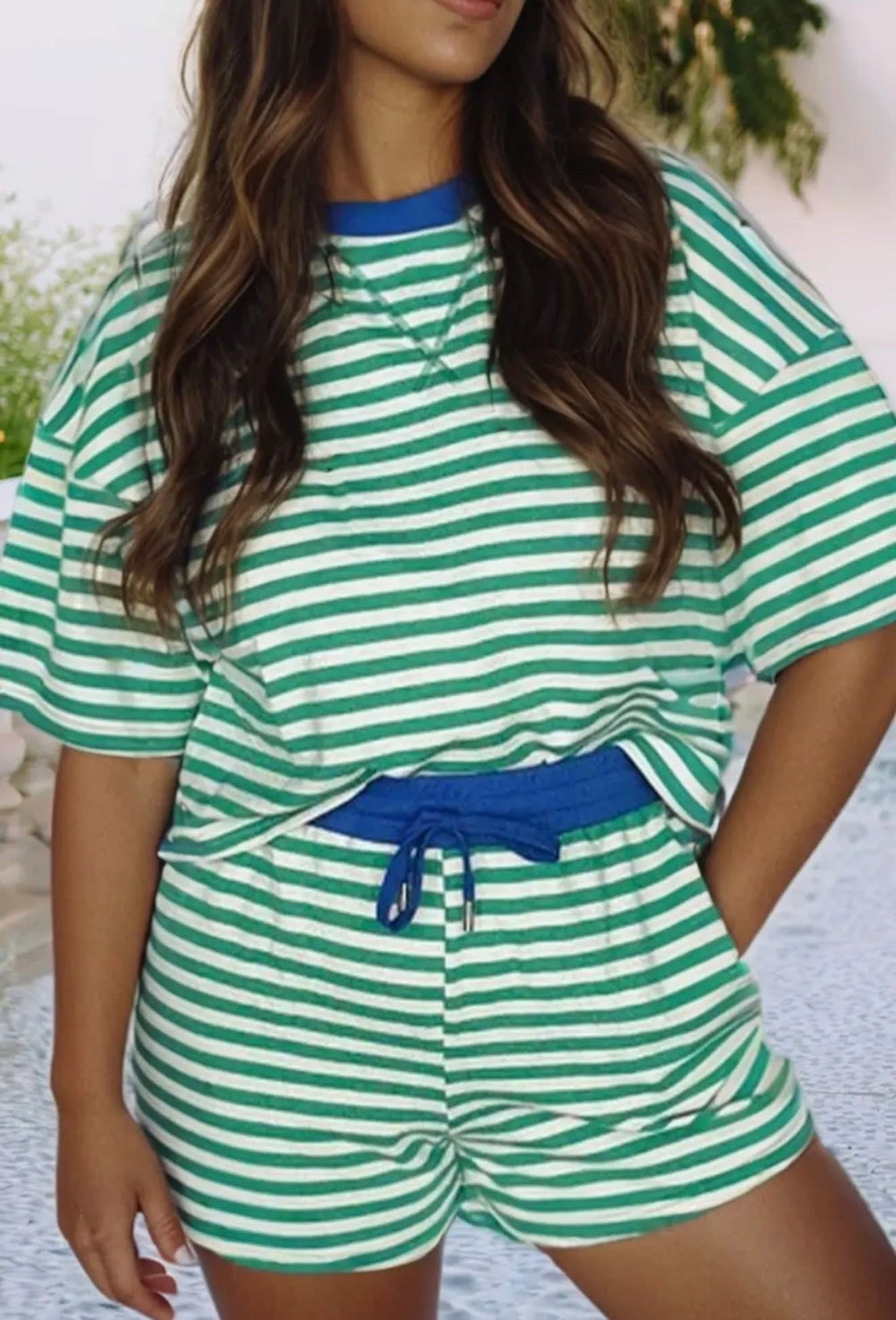 Plus Size Striped Boxy Tee Short Set