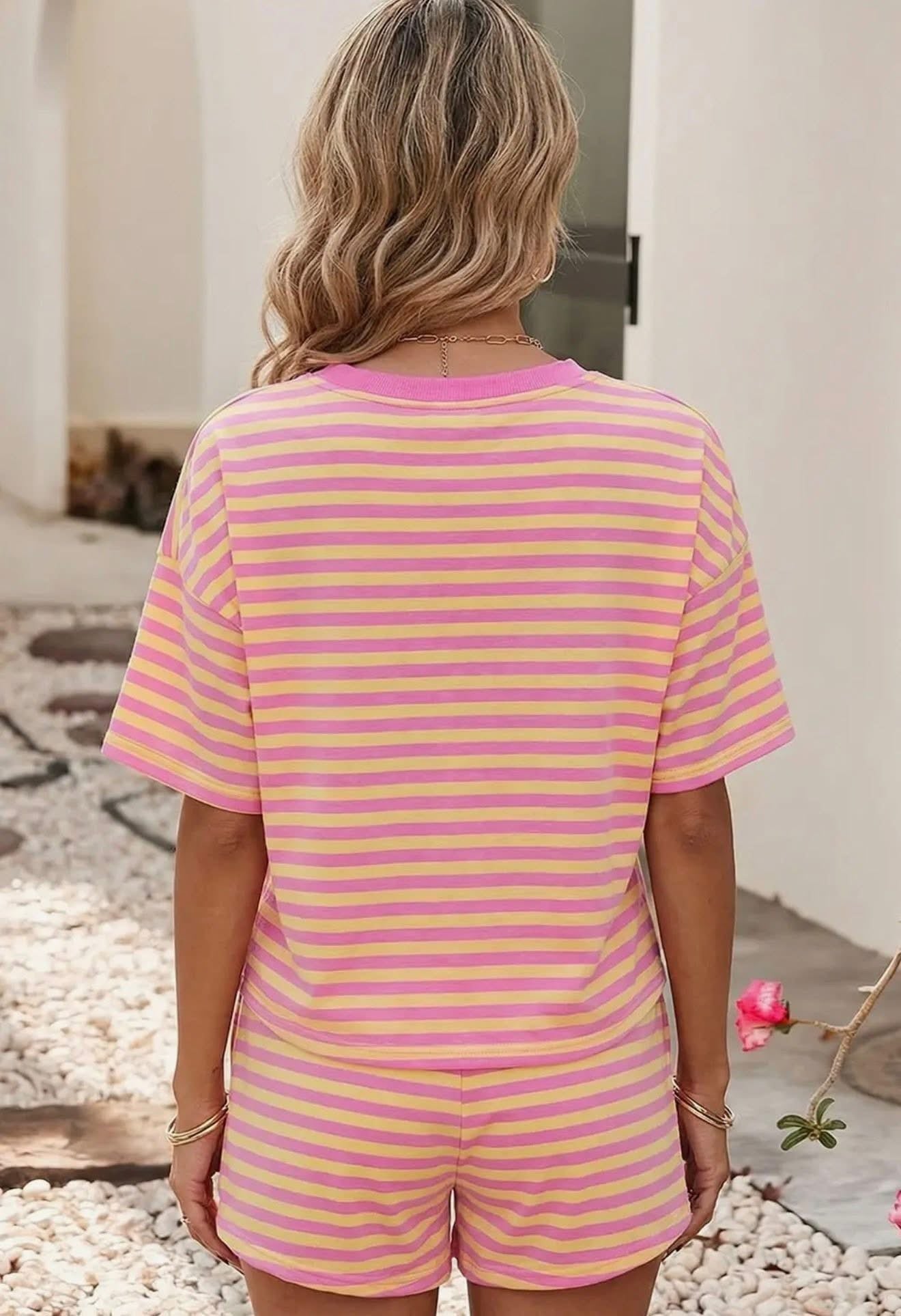 Plus Size Striped Boxy Tee Short Set