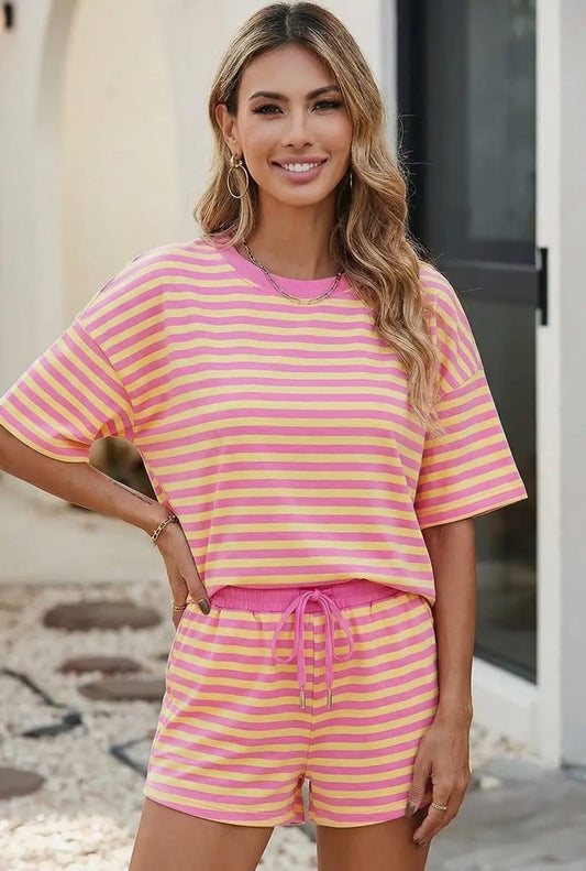 Plus Size Striped Boxy Tee Short Set
