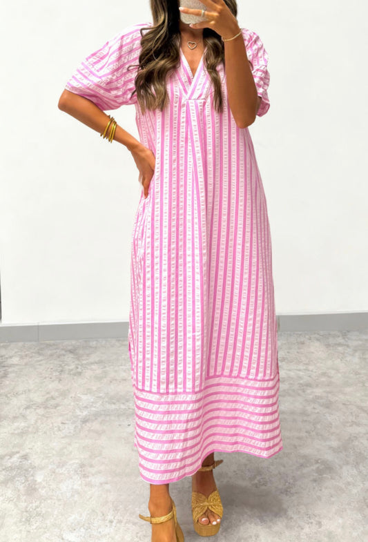 Pink Stripe V-Neck Short Sleeve Maxi Dress