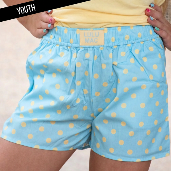 LIGHT BLUE/BUTTER SMALL POLKA DOT KIDS SHORTS