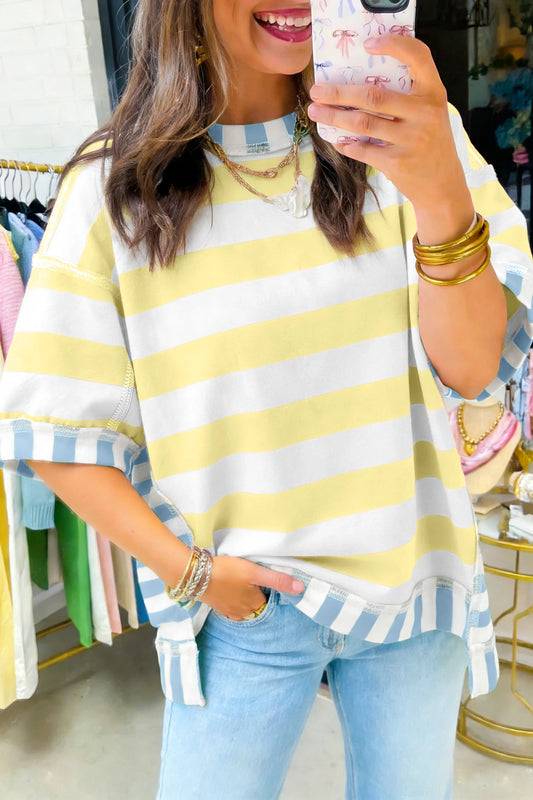 Yellow Stripe Exposed Seam Patchwork Oversized Top