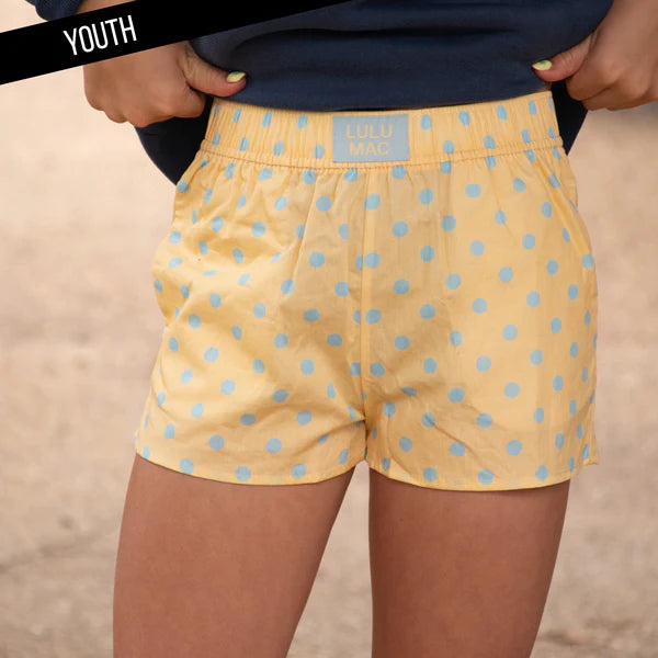 BUTTER/LIGHT BLUE SMALL POLKA DOT KIDS SHORTS
